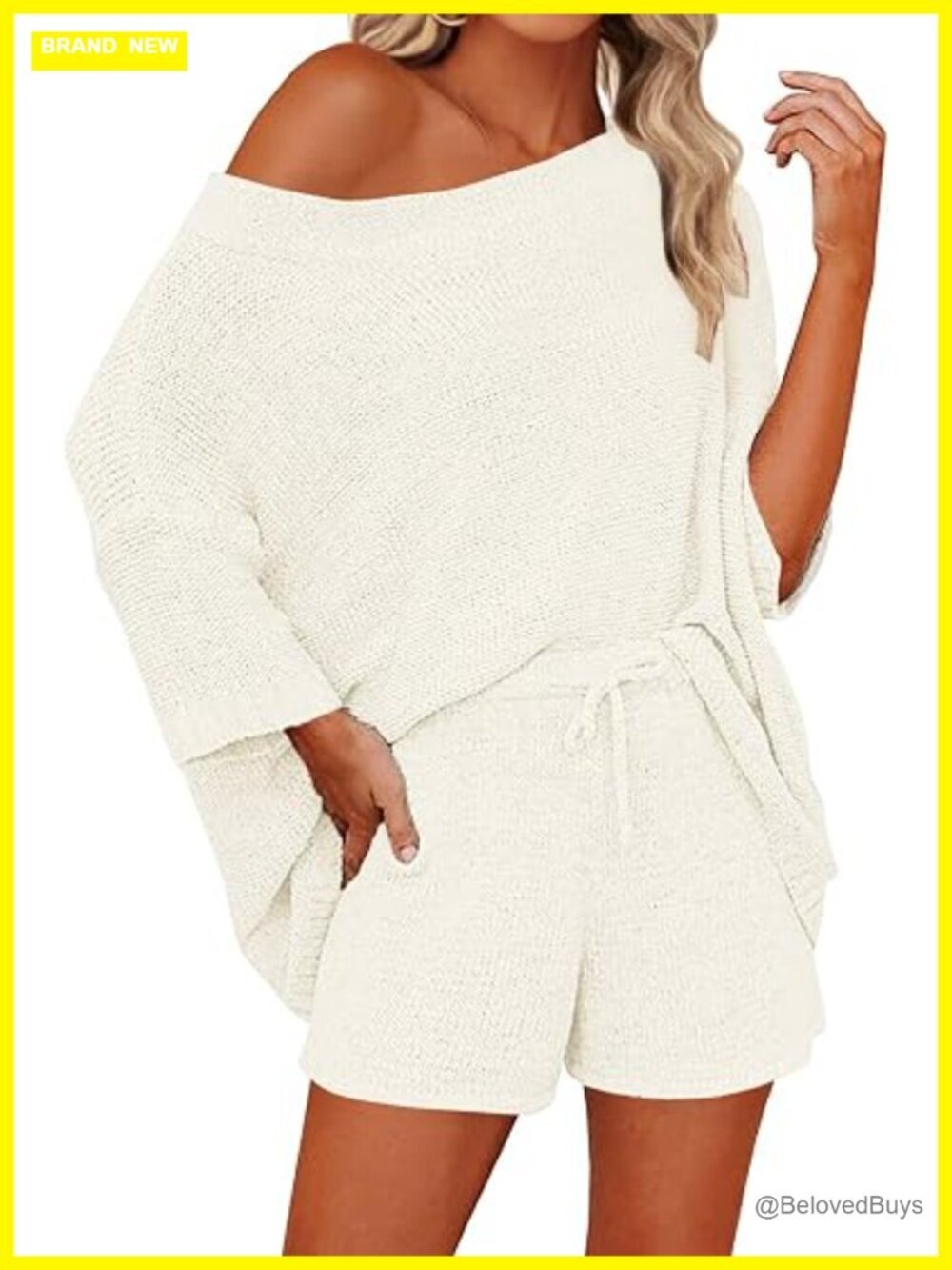 Off Shoulder Knit Top & Shorts Matching Pajama Lounge Set 2 Piece